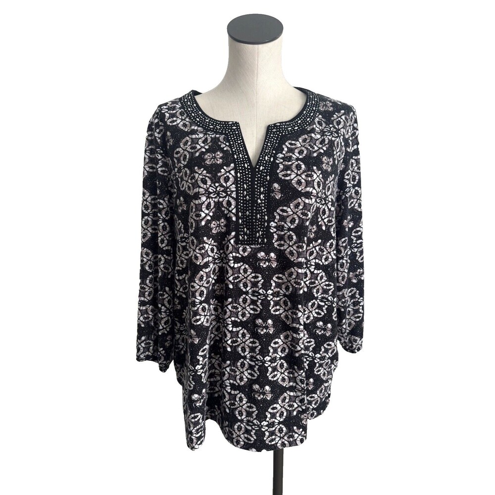 Croft & Barrow Tunic Top Shirt Black Print Embellished 3/4 Sleeve Size 1X